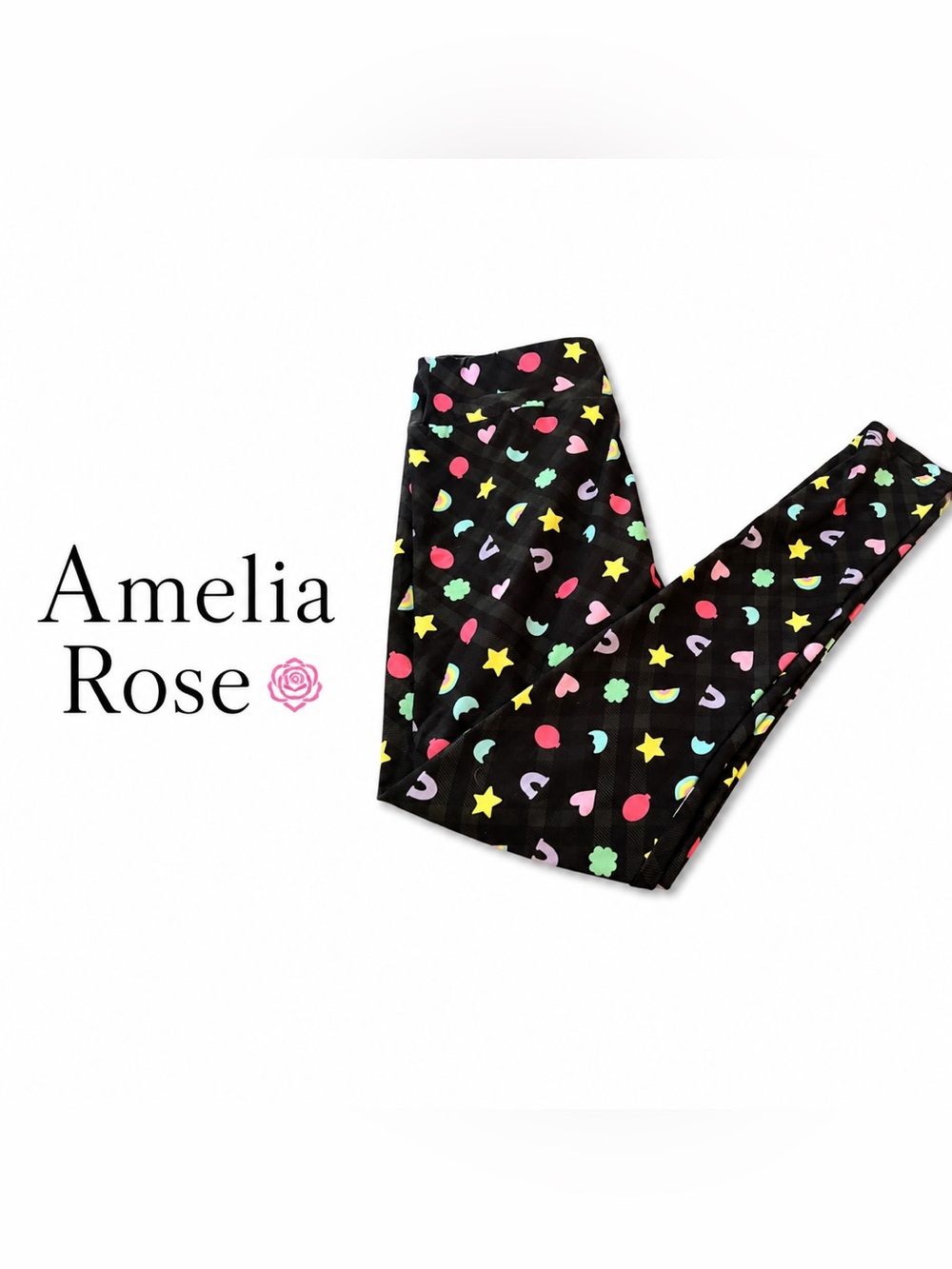 Amelia Rose One Size Super Soft Leggings Black Plaid Rainbow Hearts Stars - Picture 1 of 6